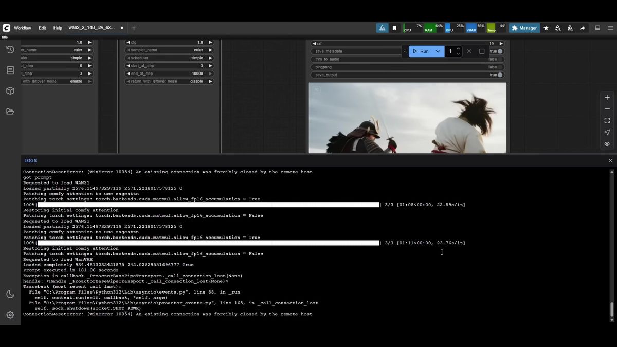 Generated WAN 2.2 480x480 81-frame clip in ComfyUI with logs showing 23 seconds per iteration and 181 seconds total