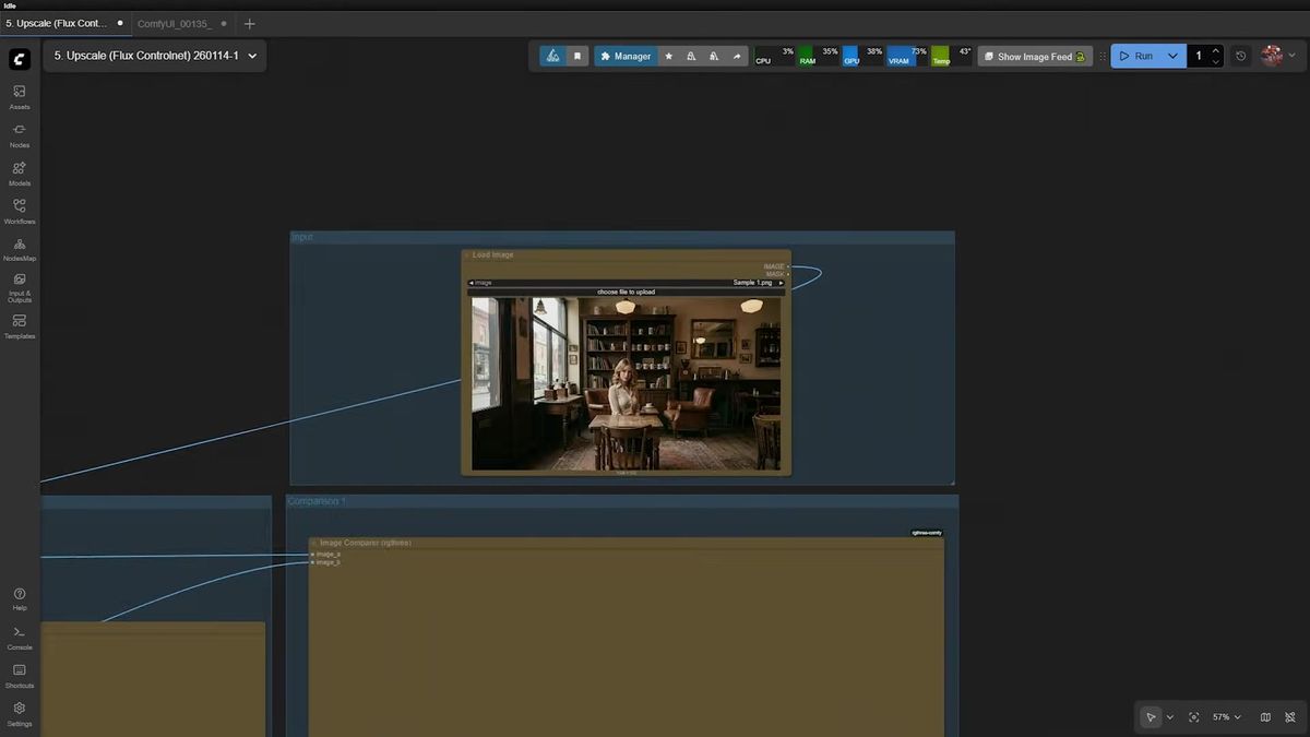 ComfyUI upscale workflow canvas showing the Load Image node with a soft low-resolution interior photo of a girl in a woo