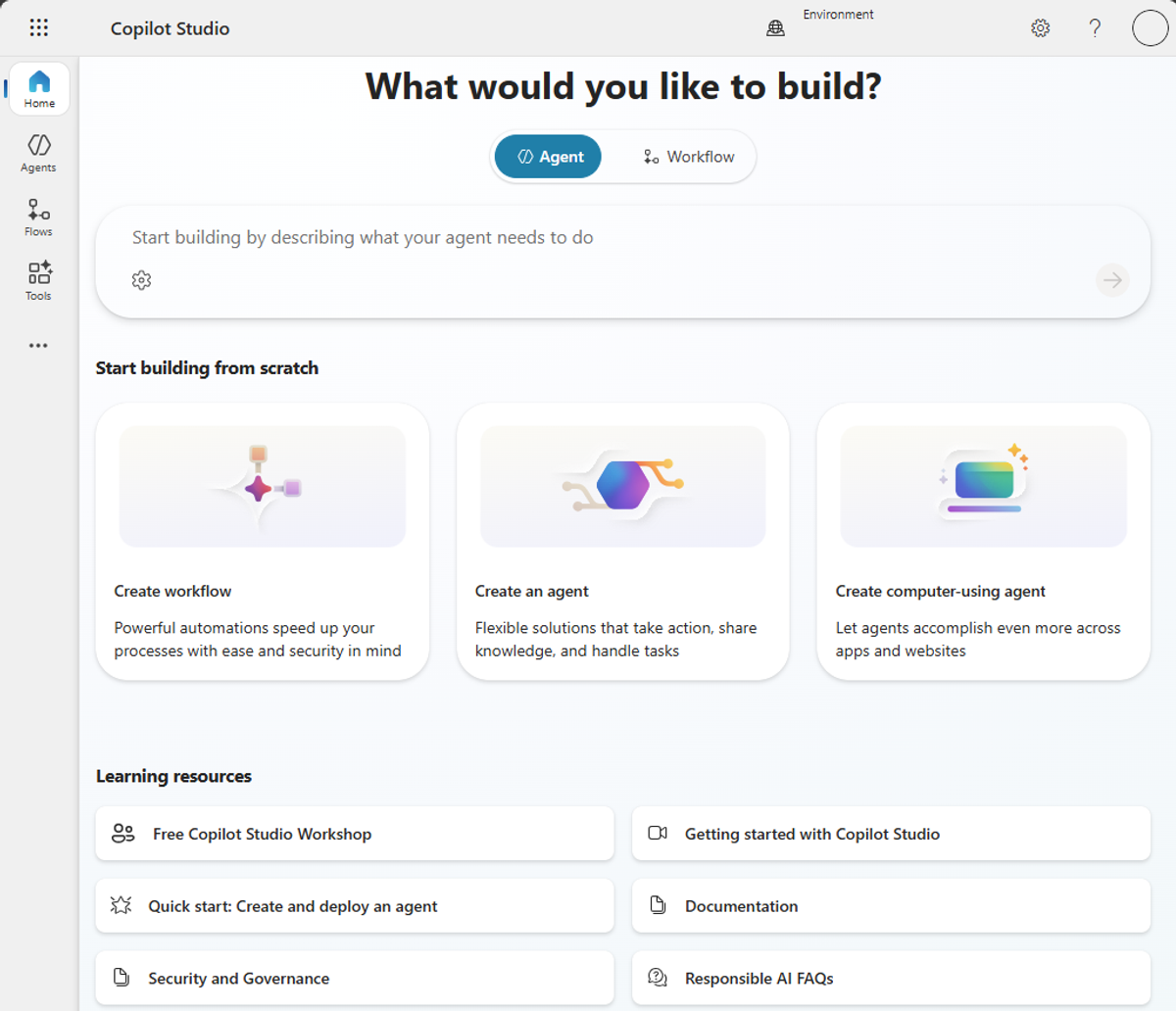 Microsoft Copilot Studio home with a prompt box and cards to create a workflow, agent or computer-using agent.