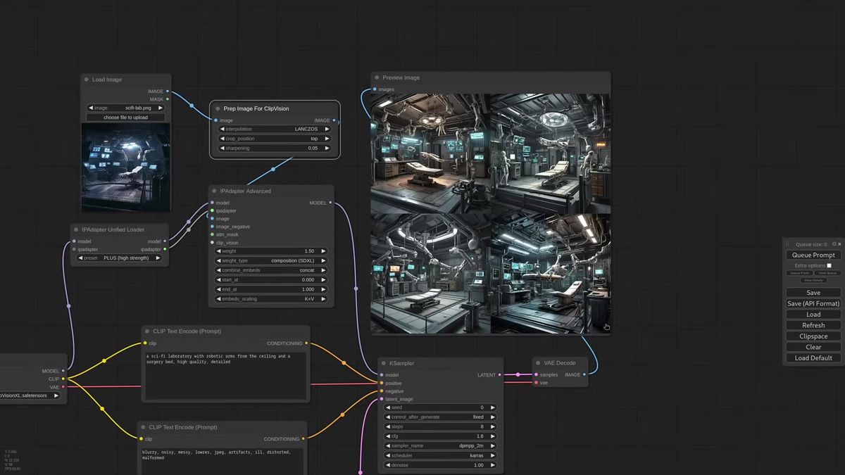 IPAdapter composition transfer in ComfyUI keeping the layout of a sci-fi laboratory reference while repainting the scene