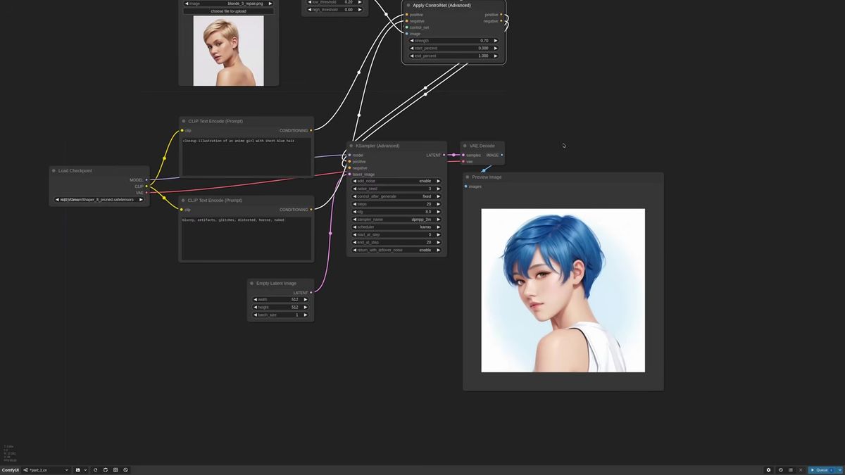 ComfyUI advanced tutorial showing a Canny ControlNet driving an anime character into a reference pose
