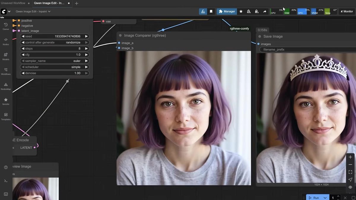 Qwen image edit inpainting with the ComfyUI mask editor adding a silver tiara while keeping the face identical