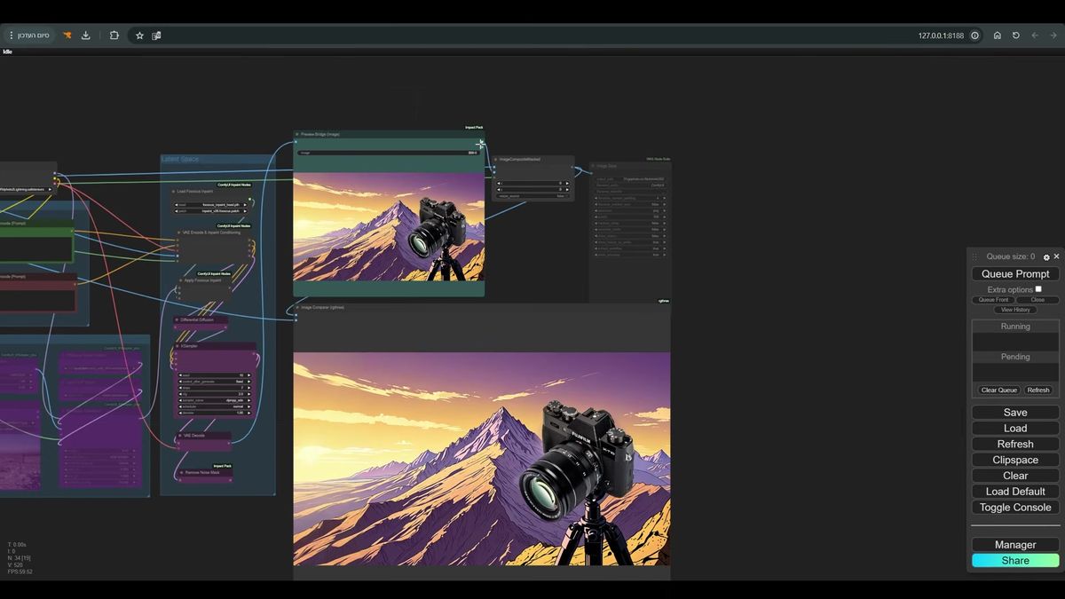 ComfyUI Image Comparer showing an illustrated camera-on-tripod scene with the mountains outpainted past the original fra