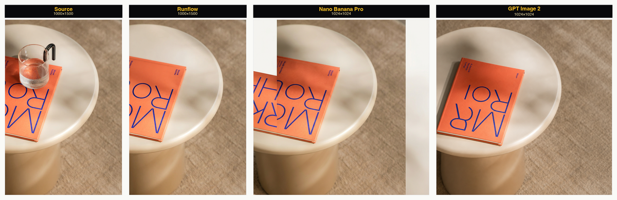 Book test side-by-side: source 1000x1500, Runflow output 1000x1500, Nano Banana Pro and GPT Image 2 both collapsed to 1024x1024