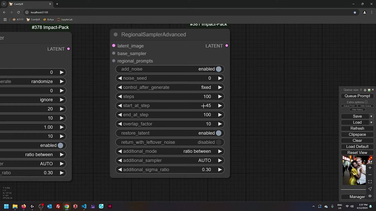 ComfyUI RegionalSamplerAdvanced node with start_at_step at 45 and end_at_step at 100 over 100 total steps, giving an eff