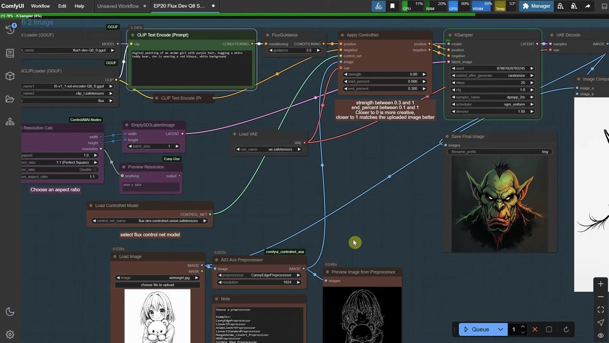 ComfyUI sketch to image render of an anime character using the canny ControlNet preprocessor