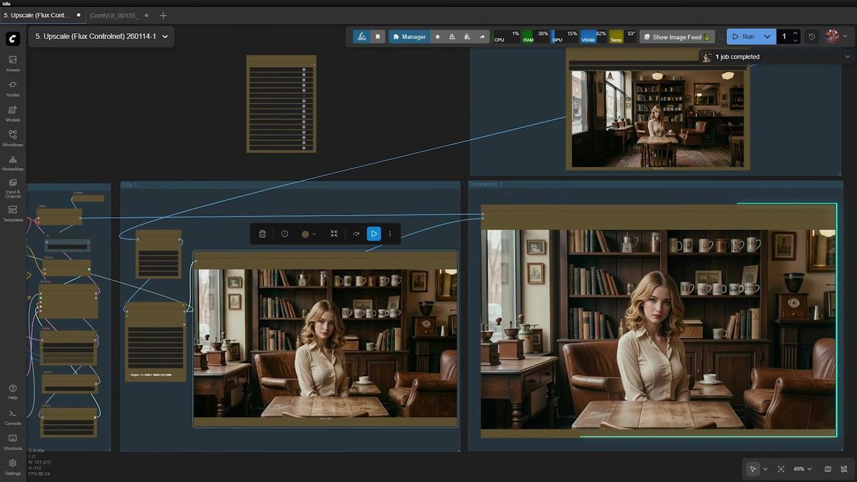 Before and after comparison in ComfyUI: a soft cropped original on the left next to a sharp Flux upscaled version on the