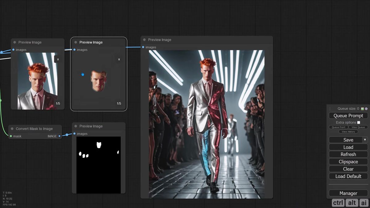 ComfyUI FaceDetailer detecting five faces in one runway image at a 0.5 bbox threshold, with cropped mask previews next t