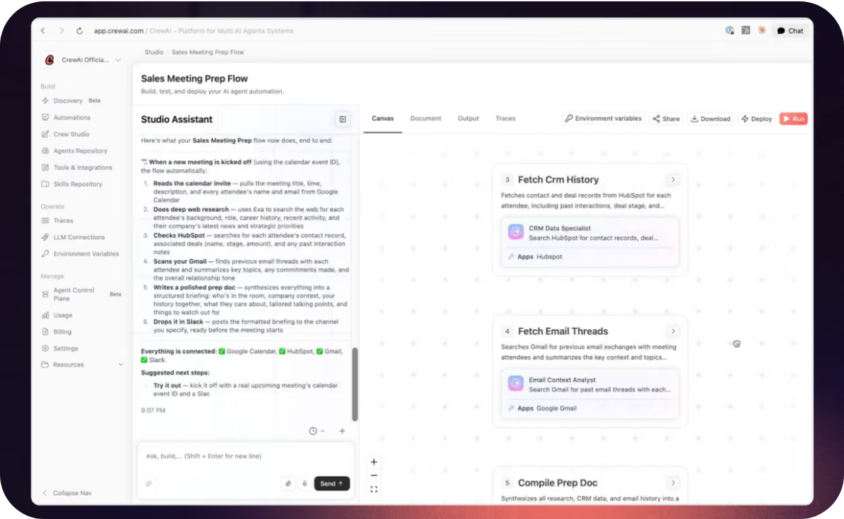 CrewAI Studio canvas for sales meeting preparation with CRM, email and document steps assigned to specialist agents.