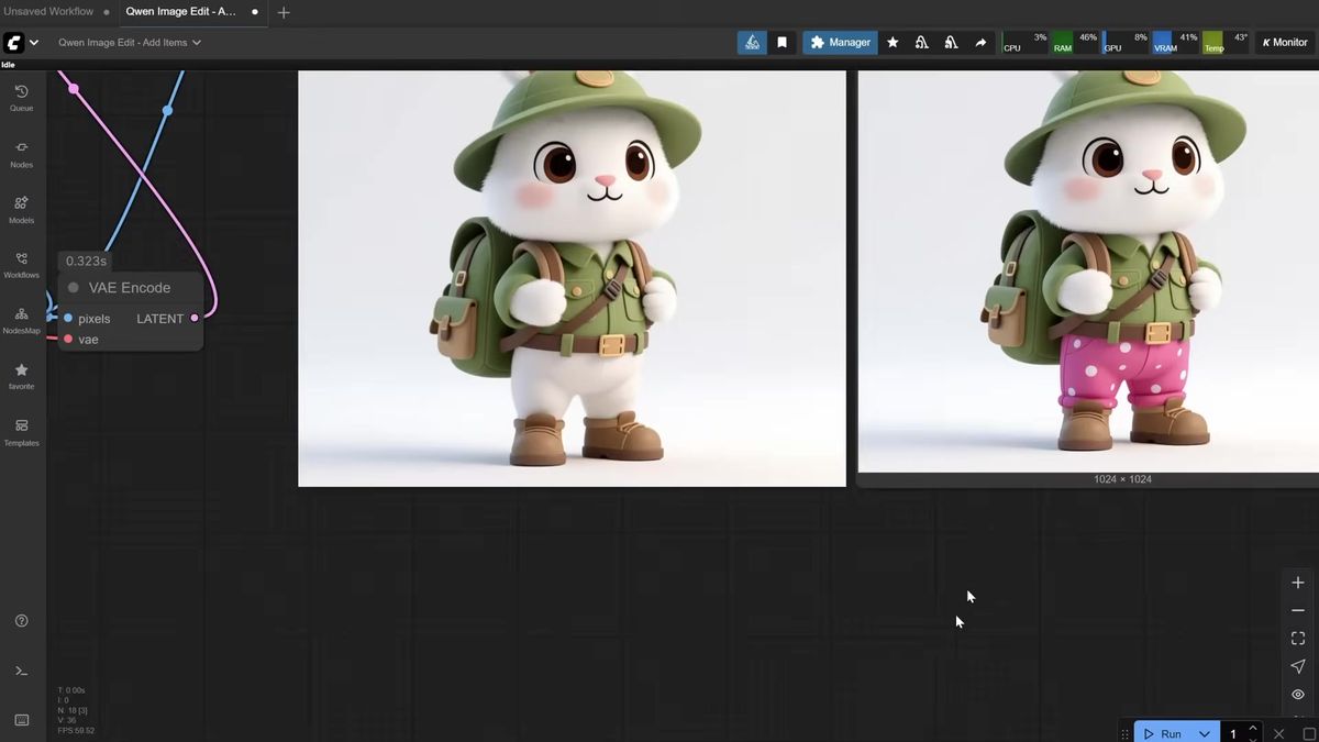 Qwen image edit add and remove result placing pink dotted pants on a character in ComfyUI
