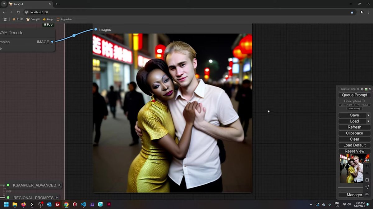 ComfyUI regional prompting output of two distinct subjects on a Beijing street, generated from separate region prompts a
