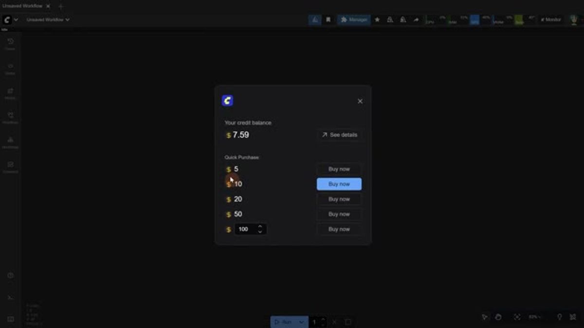 buying pay-as-you-go credits in ComfyUI to run API nodes, from $5 to $100