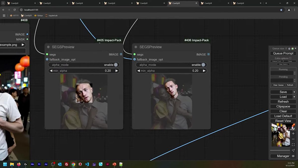 ComfyUI SEGSPreview nodes showing a Segment Anything Model mask before and after contour_fill, where a hollow face-crop