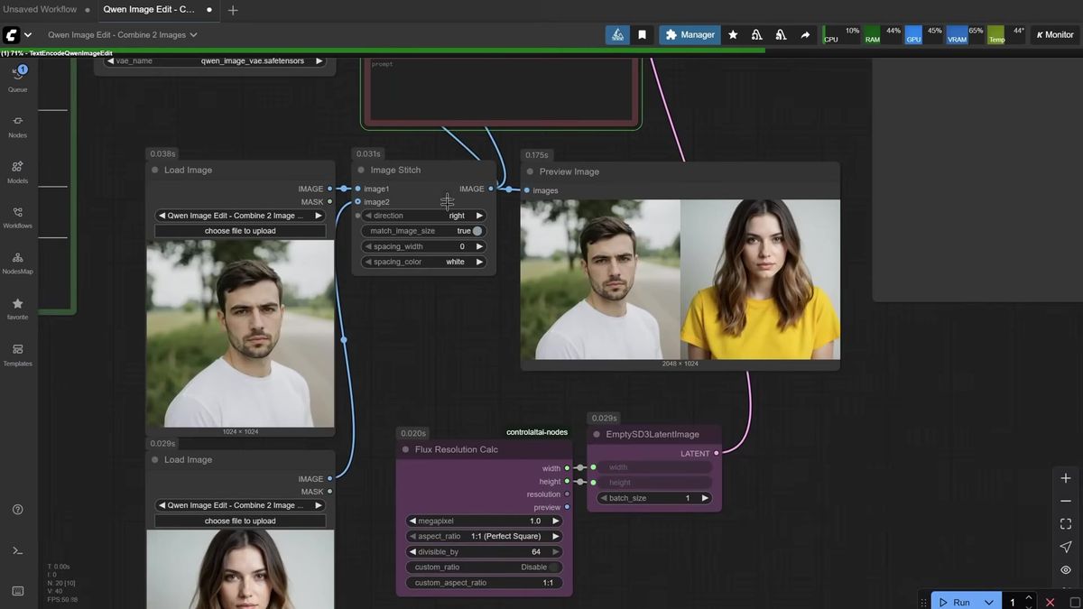 Qwen image edit stitch node combining two portraits into one couple selfie in ComfyUI