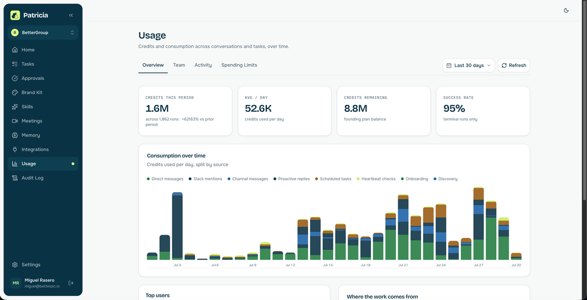 Patricia Usage for the last 30 days: 1.6M credits, 1,862 runs, 8.8M remaining and 95% success for terminal runs.