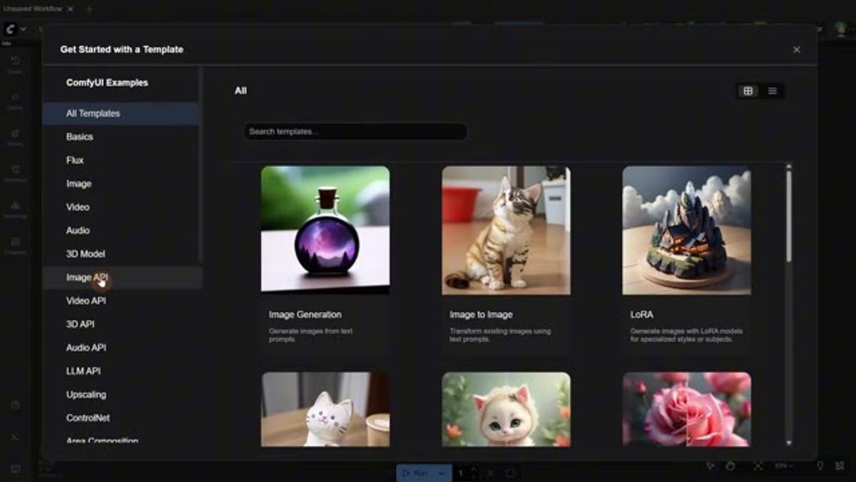 the ComfyUI template browser with Image API, Video API, and LLM API categories for API-node workflows