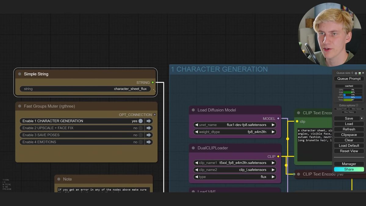 Generating a FLUX character sheet in ComfyUI from an OpenPose grid with an autumn-fashion magazine prompt