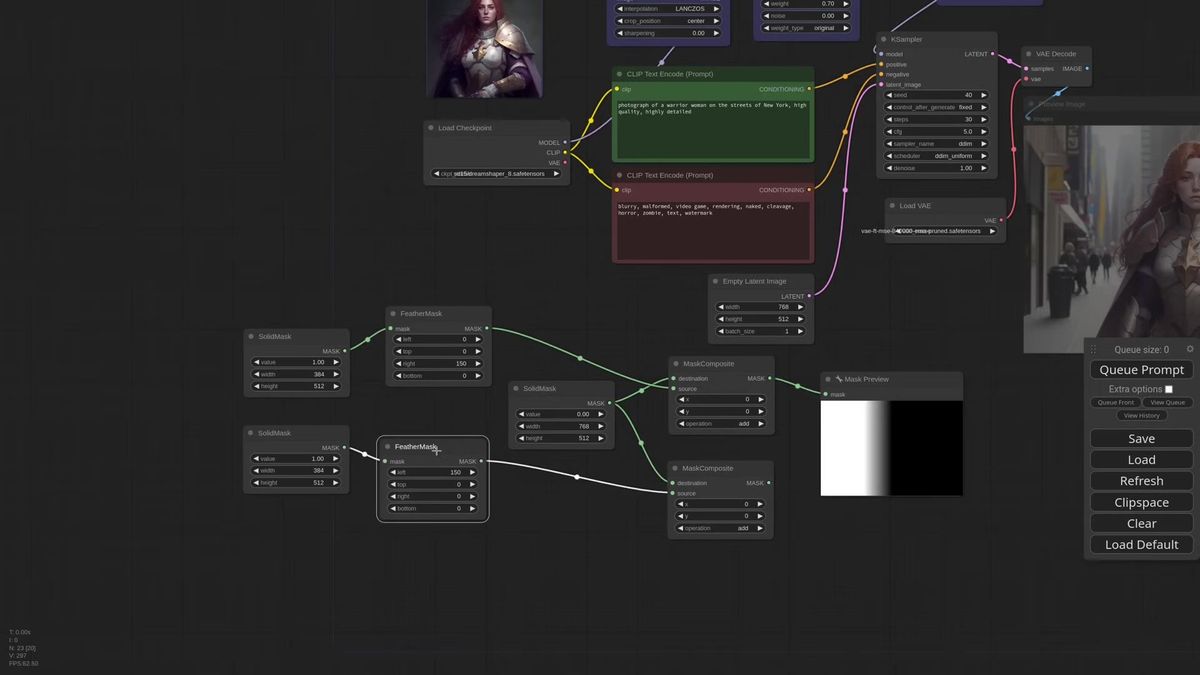 Color-coded mask image in ComfyUI splitting the canvas into blue, red, and green regions, each extracted as a separate m