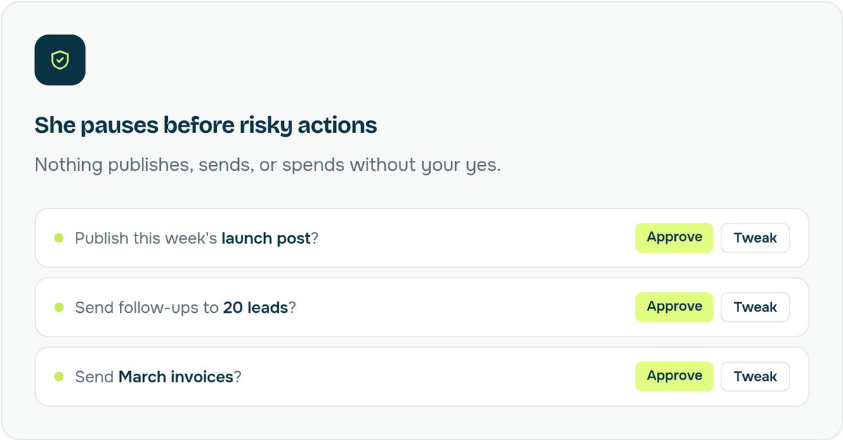 Patricia product illustration holding a launch post, lead follow-ups and invoices for a person to approve or tweak.