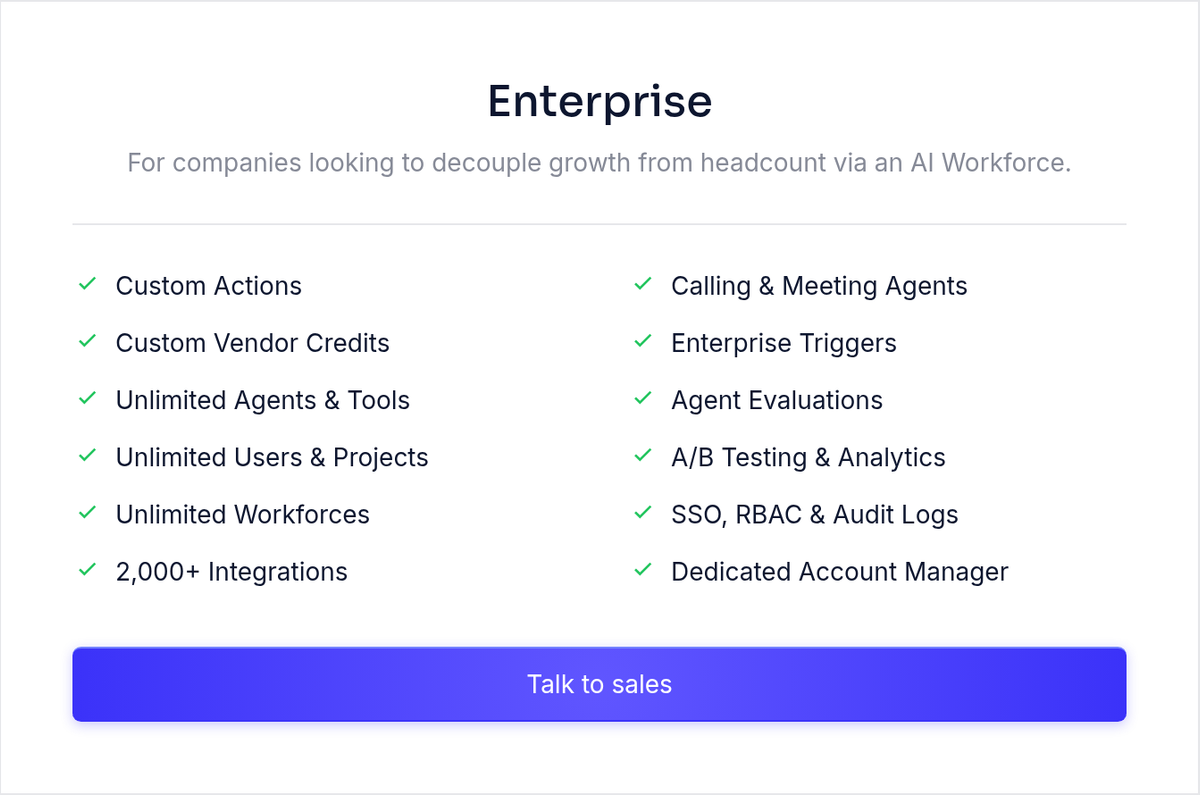 Relevance AI pricing with one Enterprise plan, a feature list and a Talk to sales button, with no price.