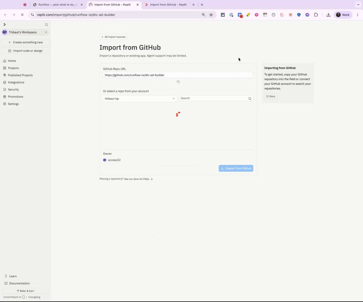importing the runflow dtc-ad-builder template from github into replit