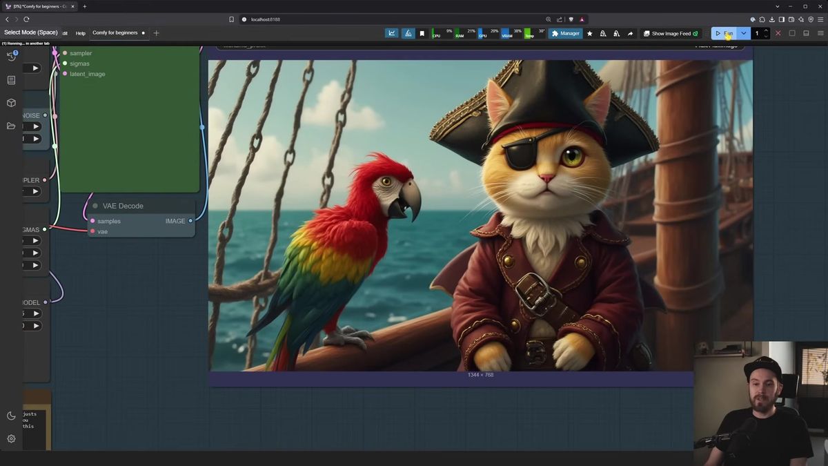 A finished image generated in ComfyUI, a pirate cat with a parrot on a ship deck, shown in the canvas next to the VAE De