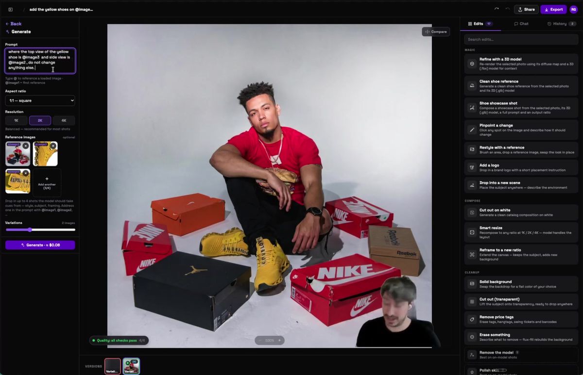 Nano Banana product photography setup with reference images tagged image 1, 2 and 3 for the base photo and shoe views