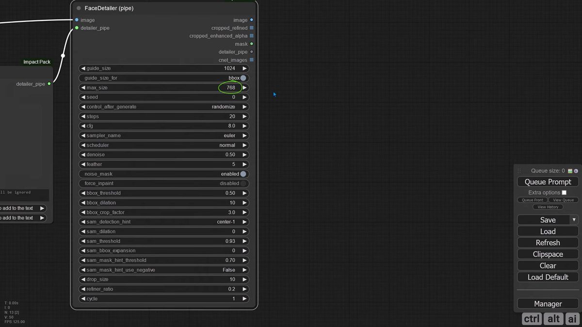 ComfyUI FaceDetailer node showing guide size, max size, denoise, feather, bbox threshold, and crop factor parameters for