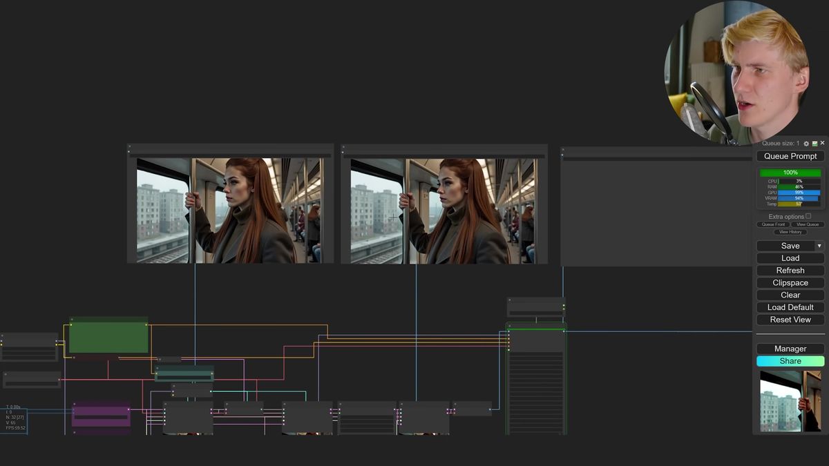 First consistent image generated in the ComfyUI FLUX graph after loading the trained character LoRA at high strength