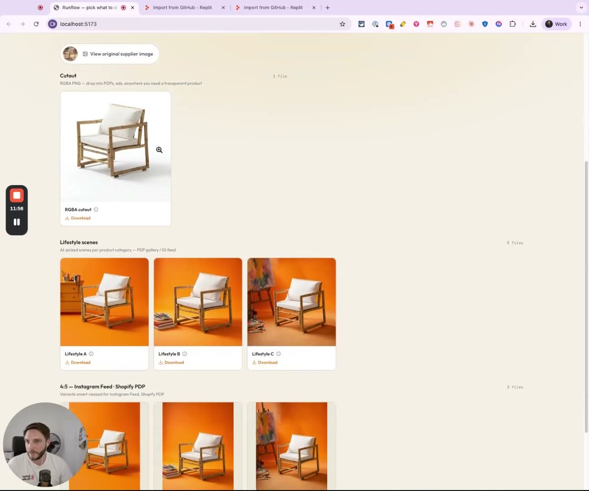 the bamboo chair lifestyle scenes gallery showing three AI-generated room scenes in matching style
