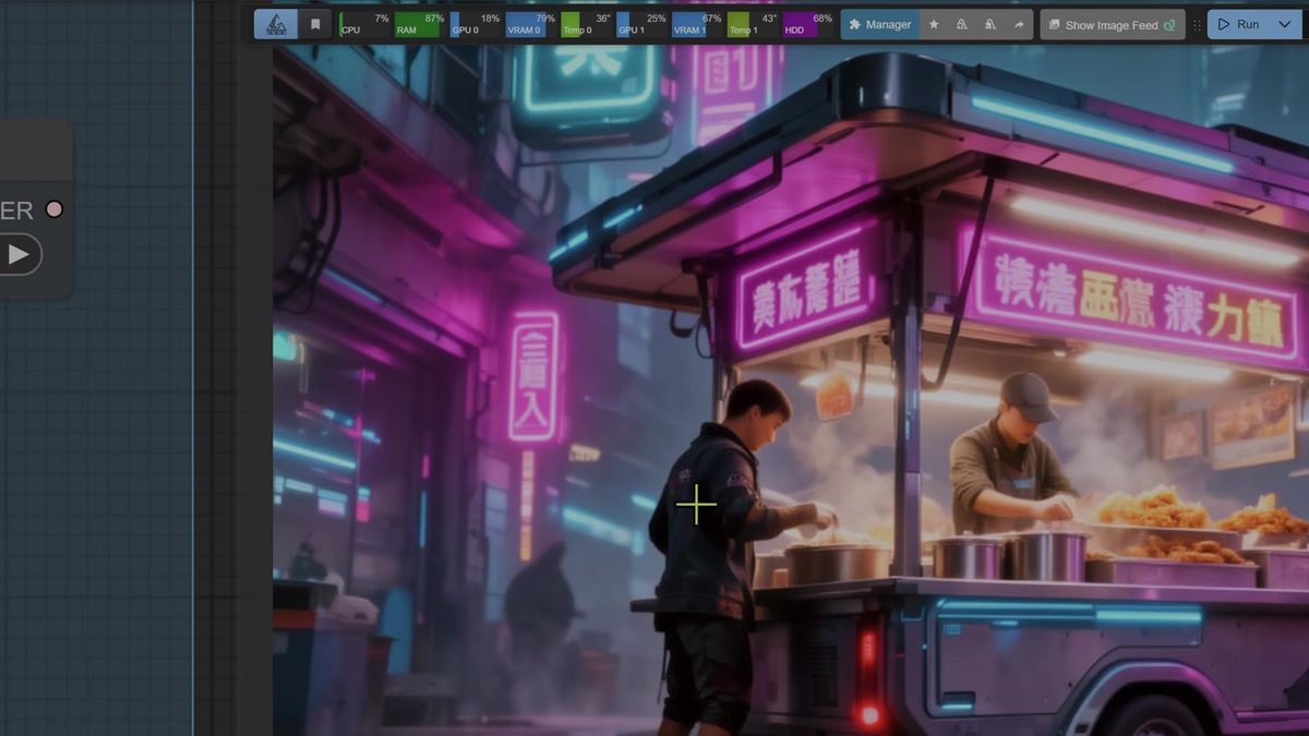 A Flux 2 text-to-image result in ComfyUI, a cyberpunk street food vendor under neon lights at 1024 by 1024, generated in