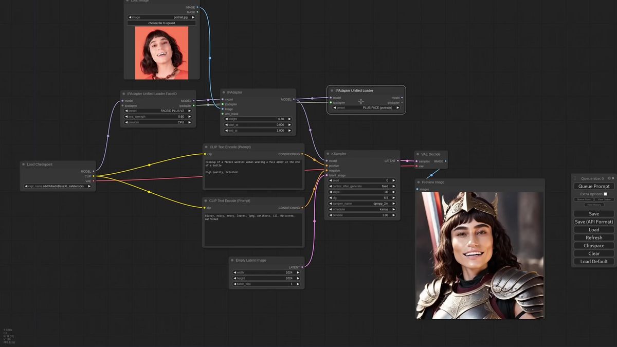 ComfyUI IPAdapter FaceID workflow with a dedicated loader and a stacked Plus FaceID model for identity transfer