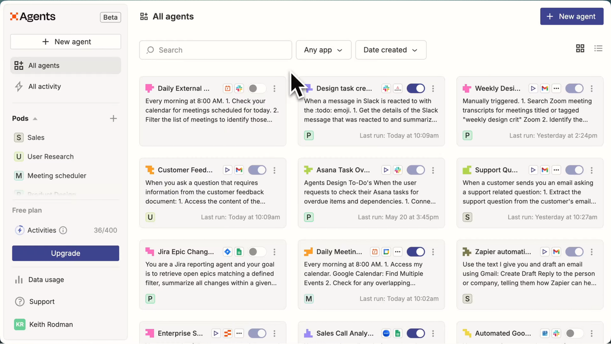 Zapier Agents dashboard with agent cards, enable toggles, last-run times and a free-plan activity meter.