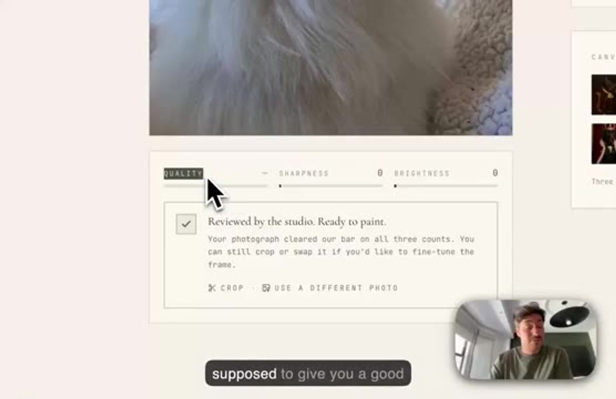 the input quality gate scoring the photo on sharpness and brightness before any AI image generation runs