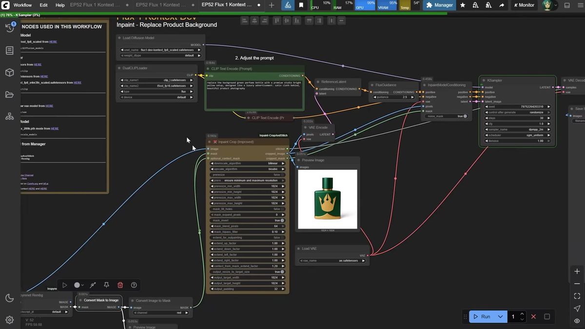 Inpainting a product background with the Mask Editor and Inpaint Crop node in ComfyUI