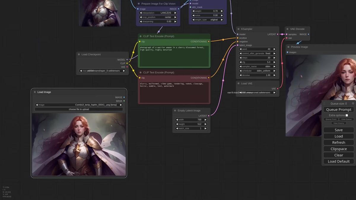ComfyUI attention masking workflow with a Load Image node feeding a mask into the IPAdapter attn_mask input, scoping the