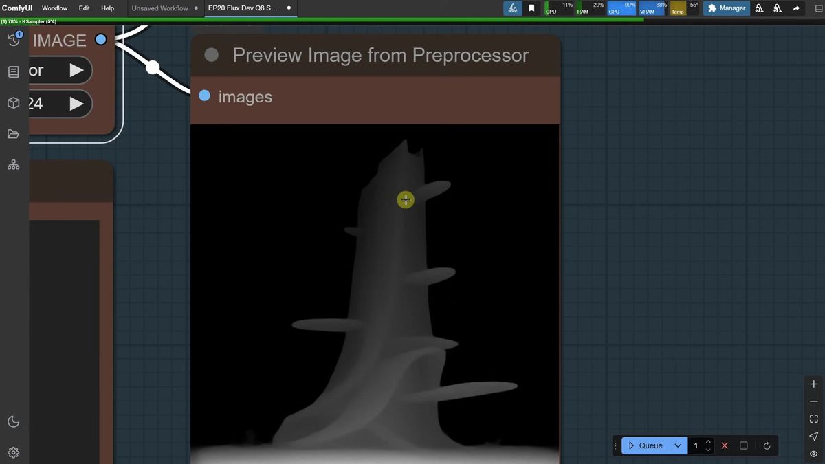 Depth-anything preprocessor producing a 3D depth map from a building sketch in the ComfyUI sketch to image workflow