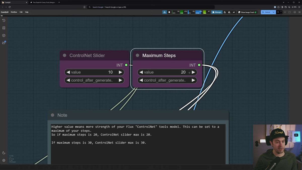 ComfyUI ControlNet slider node at value 10 and maximum steps node at value 20, with a note explaining the slider caps at