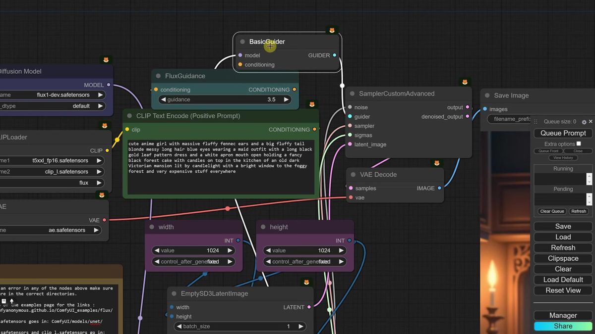 Full 16-bit Flux Dev workflow placing clip, ae.safetensors VAE, and unet files in ComfyUI