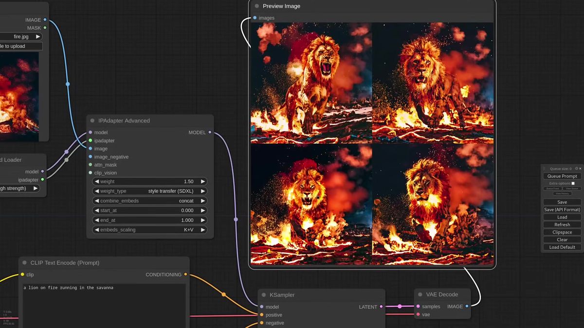ComfyUI style transfer result showing a lion on fire painted in the style of a reference image from a single IPAdapter n