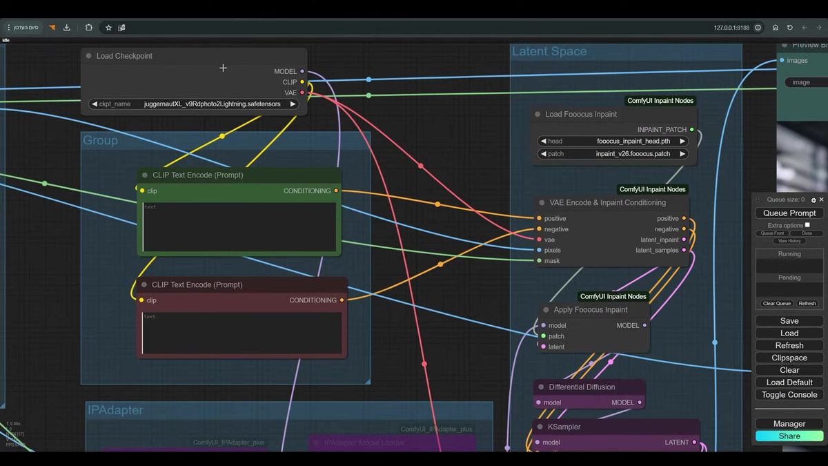 Load Checkpoint with Juggernaut XL Lightning, CLIP Text Encode, Load Fooocus Inpaint, VAE Encode and Inpaint Conditionin