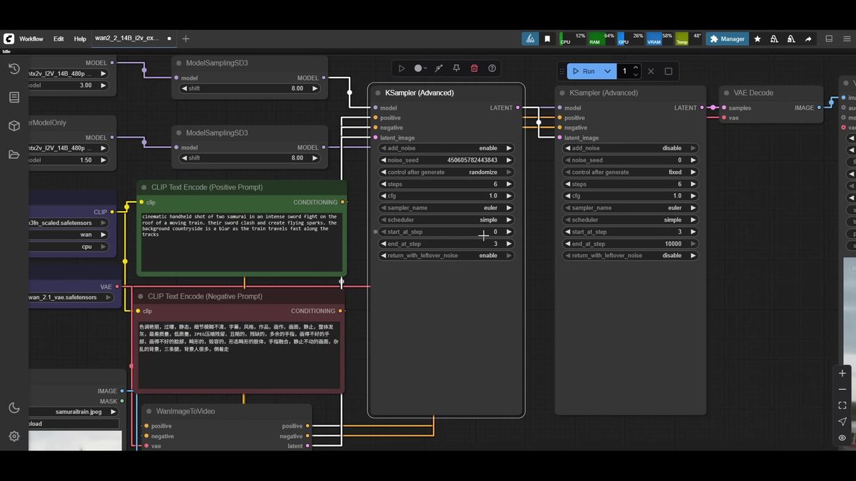 Two K-sampler high-noise and low-noise wiring in ComfyUI with start step 0 and end step 3 over six total steps
