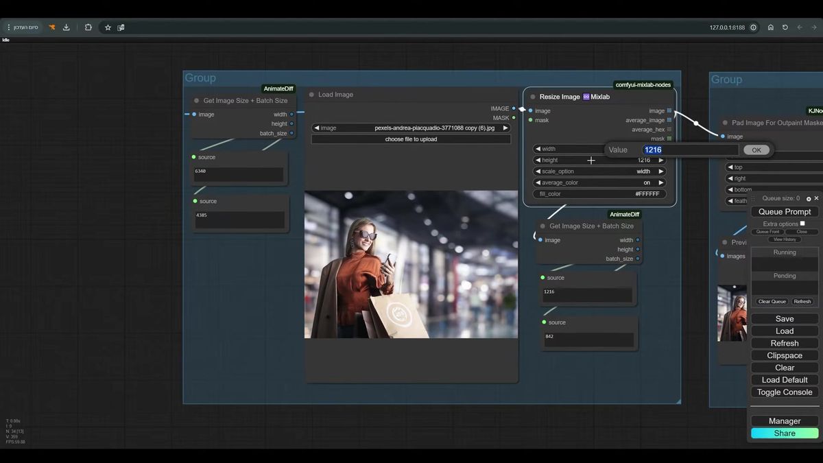 Mixlab Resize Image node set to 1216 width with Get Image Size nodes reading dimensions before and after the resize in a