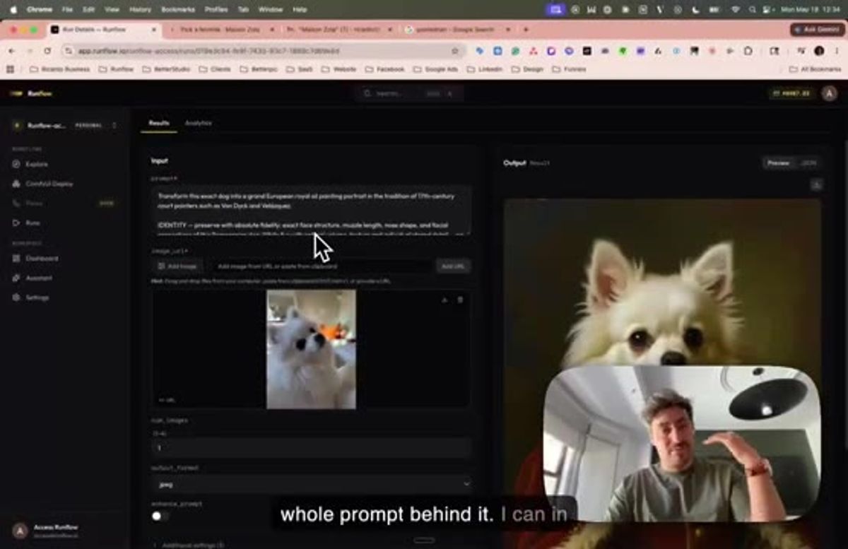 a Runflow AI image generation API run: the input dog photo and royal-portrait prompt producing the output portrait