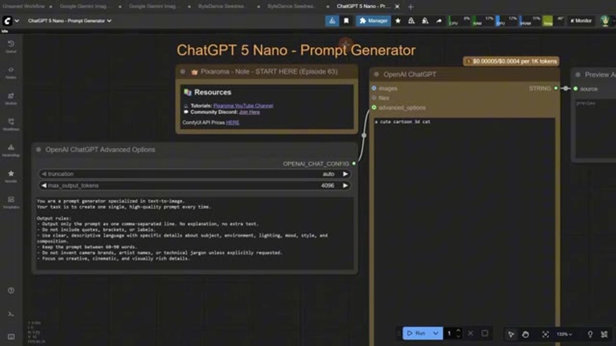 the ChatGPT 5 Nano prompt-generator node in ComfyUI turning a short idea into a detailed text-to-image prompt