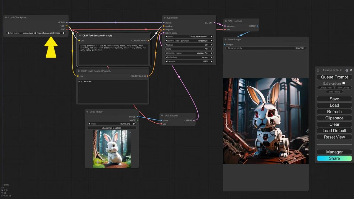 ComfyUI KSampler with denoise set to 0.65, turning a loaded bunny photo into a robot bunny that keeps the original pose
