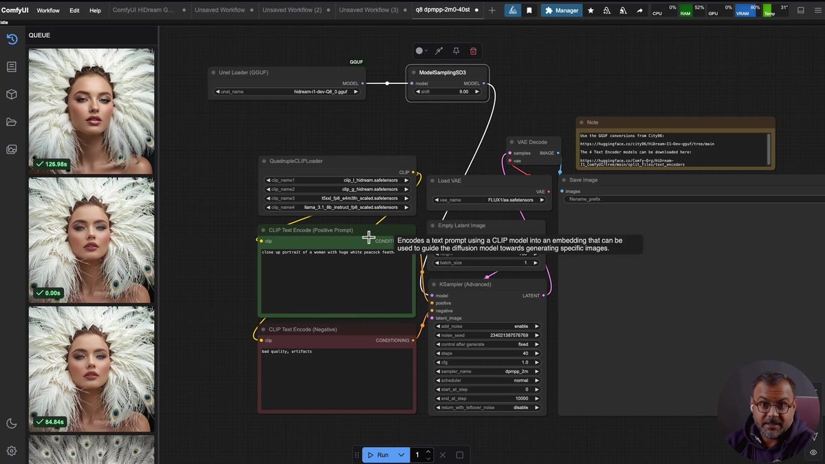 The ComfyUI QuadrupleCLIPLoader node for HiDream with all four slots filled: clip_l_hidream, clip_g_hidream, the T5 XXL