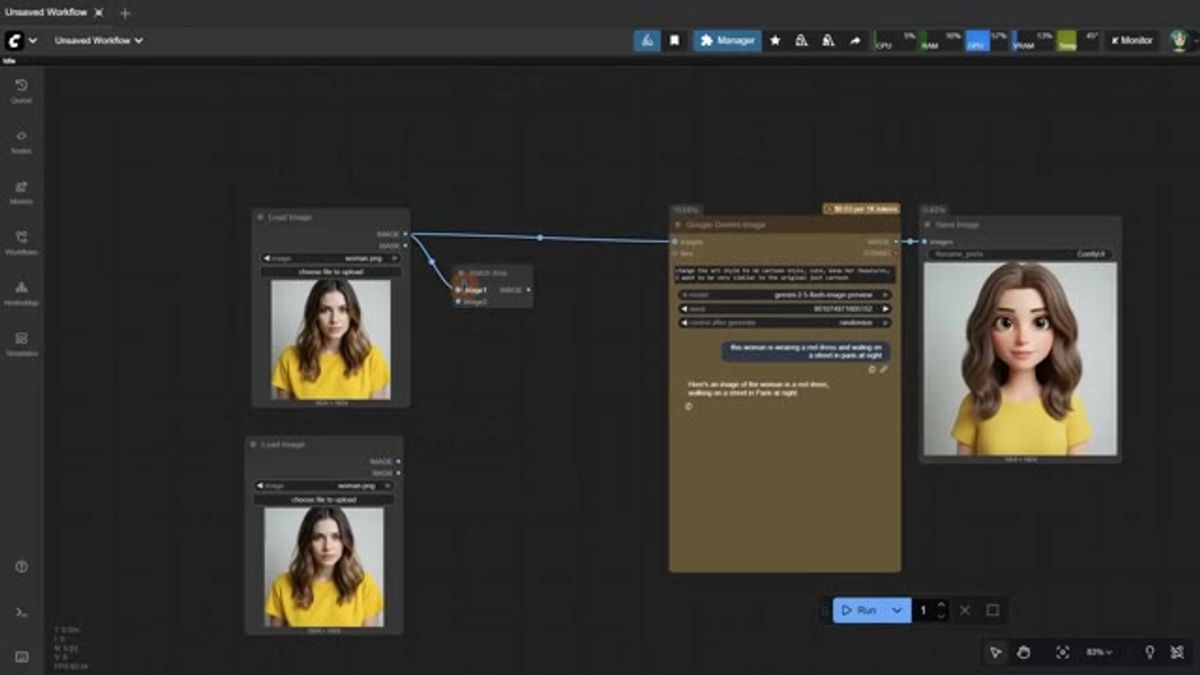 a Nano Banana API workflow combining two input images through a batch node into one edited result