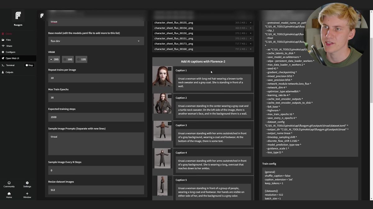 Captioning a FLUX character LoRA dataset in the FluxGym web UI with the tina_ai trigger word before training
