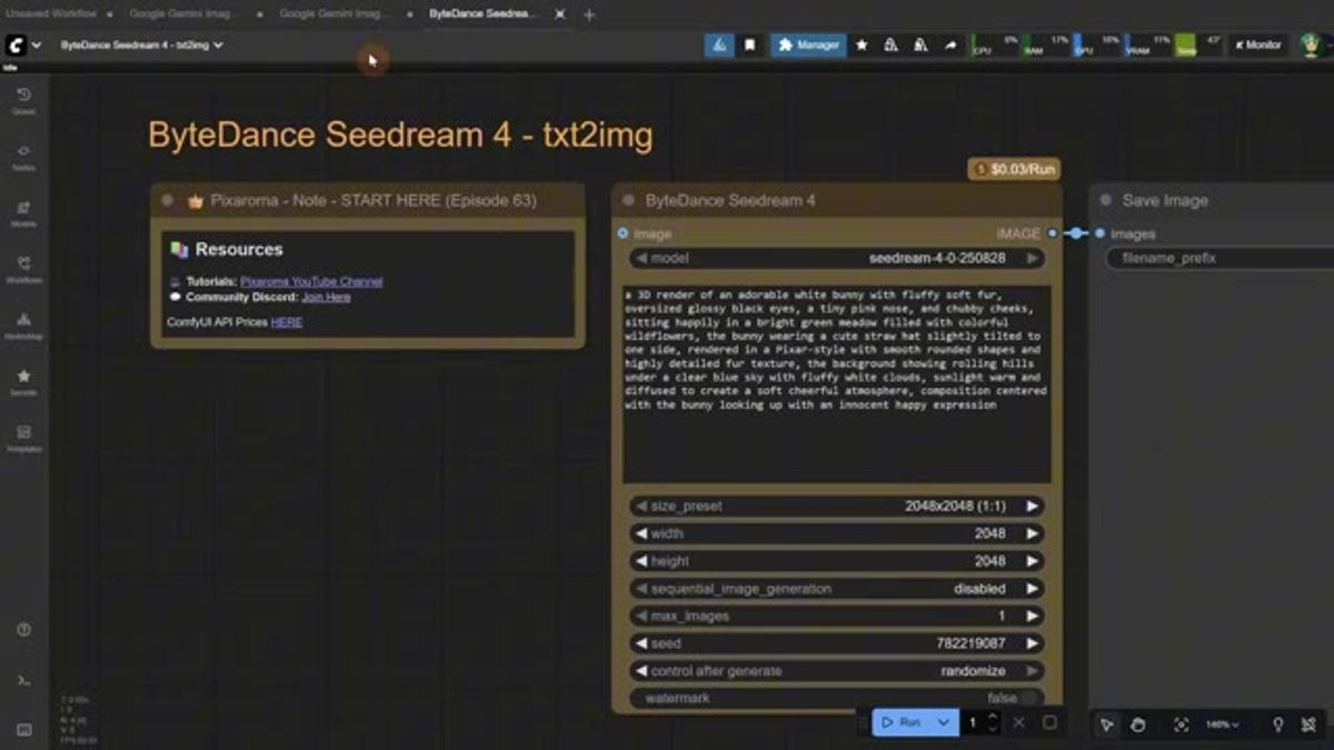 the ByteDance Seedream 4 text-to-image node in ComfyUI at $0.03 per run, next to pixaroma's Episode 63 resources note